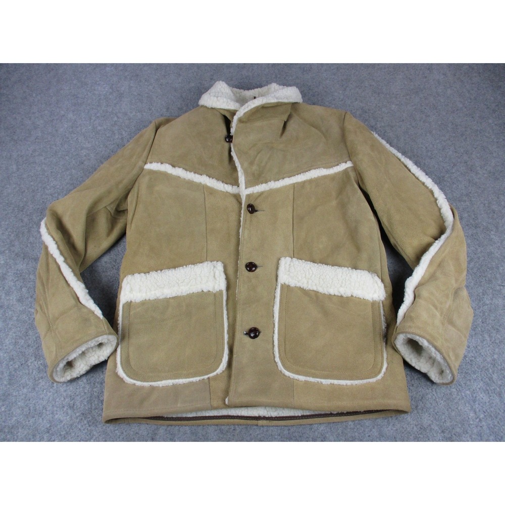 VINTAGE Leather Suede Jacket Mens Medium Beige Sears Western Sherpa Shearling
